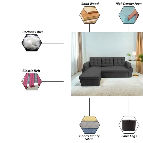 Image of Casaliving Grance LHS 4 Seater Corner Sofa Cum Bed for Living Room (Black Fabric) Premium Fabric Sofa