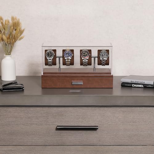 ROTHWELL Luxury Watch Display Case for 4 Watches – Leather Watch Box with Acrylic Cover and Removable Slide in Cushions – Accessory Drawer with Multiple Configurations (Tan/Brown) - Thumbnail 3