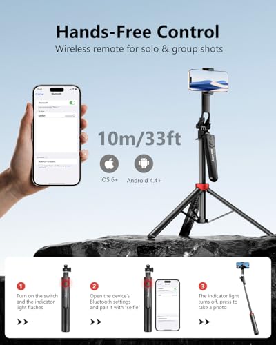 Aureday 72" Phone Tripod and Selfie Stick, Cell Phone Tripod Stand with Wireless Remote & Extendable Phone Mount for Travel/Selfie/Recording/Vlogging, Compatible with iPhone/Android/Camera - image 5
