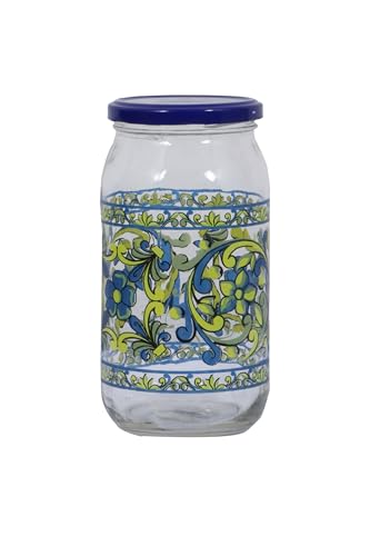 Zinnia Spanish Glass Jar 1 L Blue Lid Modern decorated colore.