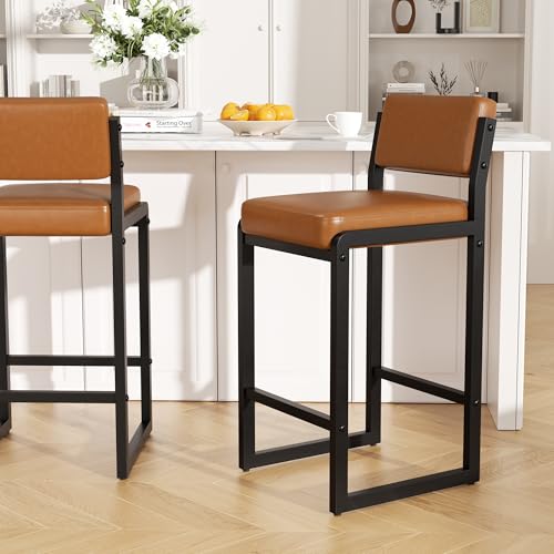 Image of 26IN Modern Bar Stools, Faux Leather Counter Height Barstools with Back and Footrest, Sturdy Thickened Metal Leg, Kitchen Bar Chairs for Island, Caramel