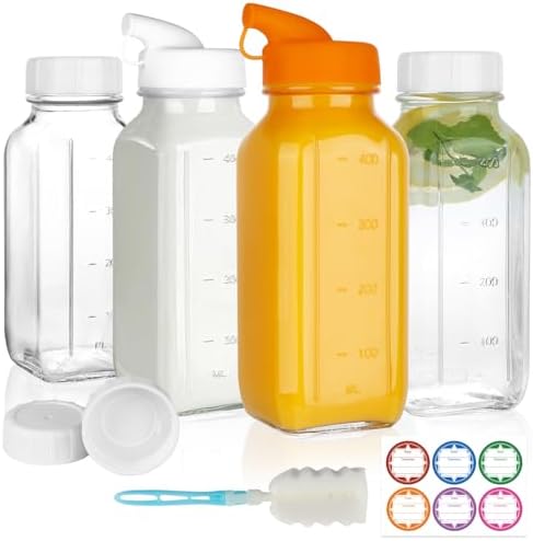 HINGWAH 4 Pack 16 OZ Glass Milk Bottles with Lids & Scale & Silicone Pour Spout, Reusable Square Water Bottles for Juice, Milk, Smoothies