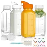 HINGWAH 4 Pack 16 OZ Glass Milk Bottles with Lids, Glass Juice Bottles with Scale & Silicone Pour Spout, Reusable Juice Containers Square Drinking Jars for Milk, Coffee, Smoothies, Water