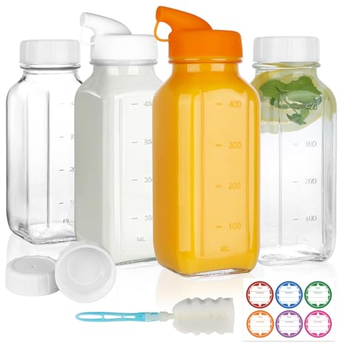 Image of HINGWAH 4 Pack 16 OZ Glass Milk Bottles with Lids, Glass Juice Bottles with Scale & Silicone Pour Spout, Reusable Juice Containers Square Drinking Jars for Milk, Coffee, Smoothies, Water