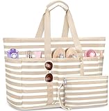 TEUEN Grande Bolsa de Playa XXL, Plegable Bolsa Playa Familiar con Cremallera Bolsa de Viaje Shopper Bolso de Hombro Mujer Tote Bag de mano para Playa Vacaciones,Compras,Trabajo,Viaje