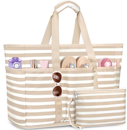 TEUEN Grande Bolsa de Playa XXL, Plegable Bolsa Playa Familiar con Cremallera Bolsa de Viaje Shopper Bolso de Hombro Mujer Tote Bag de mano para Playa Vacaciones,Compras,Trabajo,Viaje