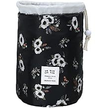 Magik 1-2 Pcs Large Barrel Travel Cosmetic Bag Nylon Organizer Drawstring Toiletry Black Flower, 1 Pack