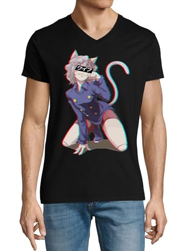 T-shirt col en V homme noir Anime 59 en coton de qualité supérieure