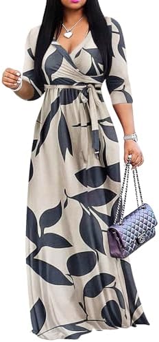 Bdwinz Womens Casual Summer Maxi Dress Plus Size Sexy Warp V Neck 3/4 Sleeve Print Sundress with Poctets, Multicolor-17, XL