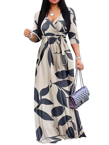 Yajedo Womens Summer Sexy V Neck Cocktail Sundress Floral Print 3/4 Sleeve Wear to Work Business Long Maxi Dresses