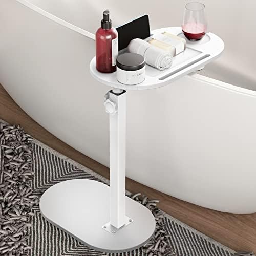 Yumkfoi Bamboo Bathtub Tray Table with Adjustable Height, Freestanding Bath Caddy Tray Side Table for Tub Against Wall, Tub Shelf Bathroom Accessories for House Warming Gift - Patent Protected (White)