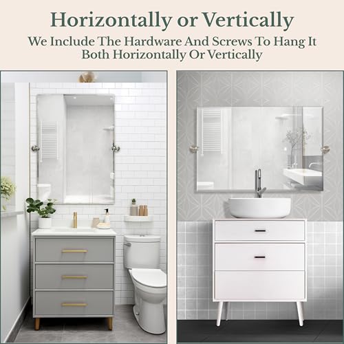 Hamilton Hills 24x36-Inch Frameless Pivot Mirror - Stylish Bathroom Vanity Essential with Brushed Chrome Wall Brackets - Versatile Tilting Design for Farmhouse Charm | Hang Horizontally or Vertically