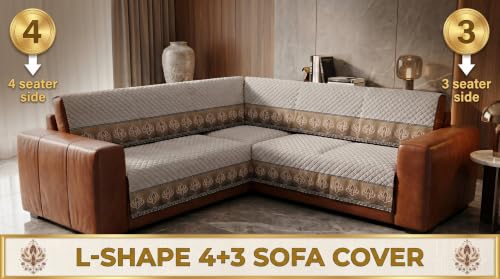 Image of KINGLY L-Shape Sofa Cover 7 Seater 4+3 Velvet Full Cover - Warm Grey | Fully covered quilted velvet slipcover, washable anti-slip furniture protector, L-type corner sofa cover for living room