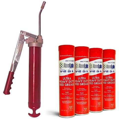 AtomLube Ultra Heavy Duty Red Grease Cartridge 4 pk with Professional Lever-Action Grease Gun | Waterproof Lubricant & High Temp Grease for Metal Surfaces | Wheel Bearing Grease for Semi Truck Accessories Cover
