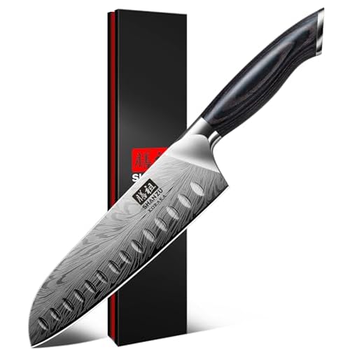 SHAN ZU Keukenmes in Poederstaal, Professioneel Santoku Mes 20cm Hoog Carbon Japans Mes, Ultra Scherp Keukenmessen Gebruiksmes met Ergonomisch Pakkahouten Handvat