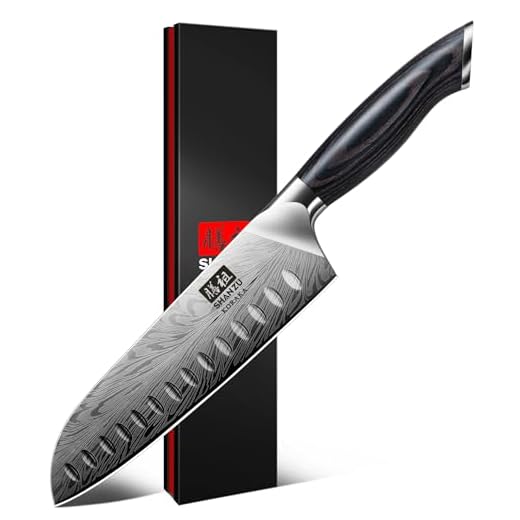 SHAN ZU Keukenmes in Poederstaal, Professioneel Santoku Mes 20cm Hoog Carbon Japans Mes, Ultra Scherp Keukenmessen Gebruiksmes met Ergonomisch Pakkahouten Handvat
