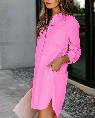 Image of Aoudery Womens Button Down Shirt Dresses with Pockets Cotton Button Up Tunics Long Sleeve Solid High Low Blouse Tops