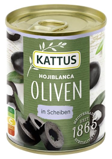Kattus - Hojiblanca Oliven in Scheiben | Schwarze Oliven zum Belegen von Pizza, zum Garnieren von Salaten oder in Saucen | 85 g in der Dose
