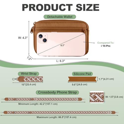Image of YFWE Clip and Go Strap for Phone with Wallet Crossbody, Adjustable Phone Lanyard with Detachable RFID Wristlet Wallet, Pattern Strap, Bronze(M)