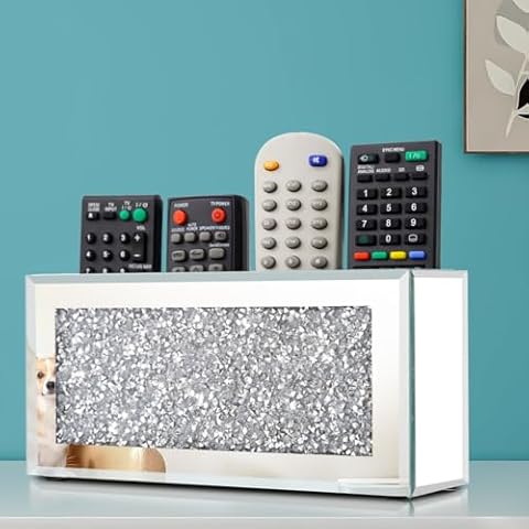 Pibeyer Mirrored Remote Control Holder Wall Mount, Silver Crush Diamond Remote Organizer Wall, Decoration Storage Box for Living Room, Bedroom, Home Decor Cover