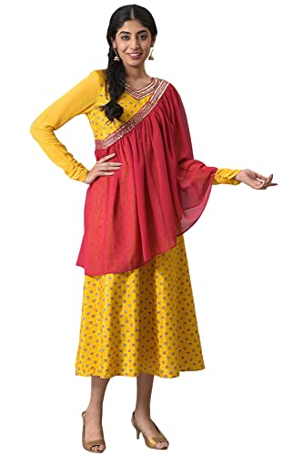 Image of Aurelia Yellow Zari Embroidered Dress with Pink Embroidered Dupatta