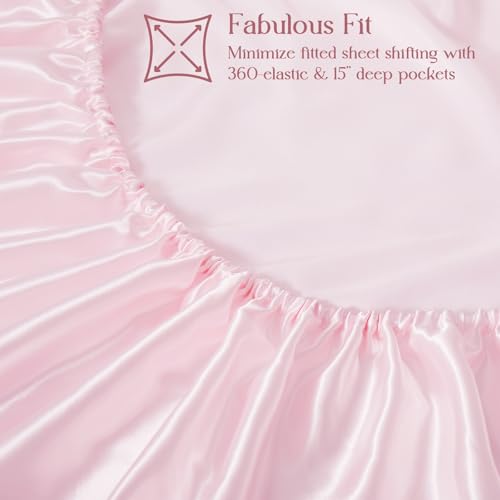 Image of Homiest Blush Pink TwinXL Ruffle Pillowcase & Satin Fitted Sheet Set 2Pcs | Silky Satin Protects Hair And Skin, 15-Inch Deep Pocket, Pearlescent Romantic Rosy Glow, Easy Machine Wash Care