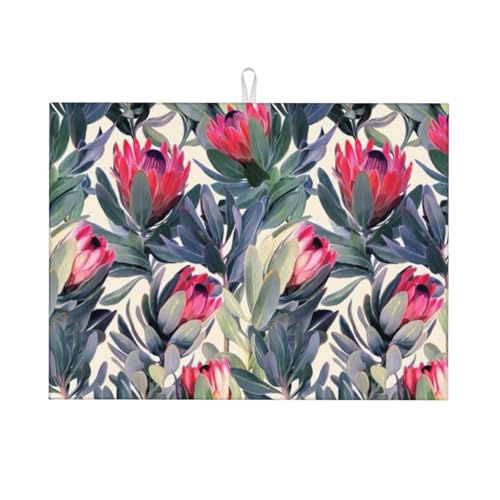 台所水切りマット白い背景に描かれたプロテアの模様 速乾吸水マット 食器乾燥マット 丸めて収納 皿置き 速乾性 耐油性 抗菌 消臭 お手入れ簡単 大判 衛生 防カビ 丸めて収納 滑り止め 棚シート46*61cm