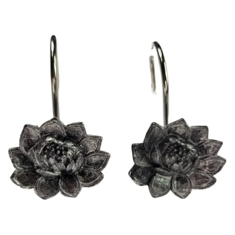Twofish Home Black Lotus Flower Design Shower Curtain Hooks Decorative Resin Shower Curtain Rings Set of 12 Cover