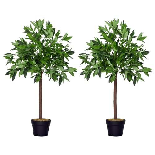 Outsunny Artificial Bay Laurel Topiary Trees w/Pot Fake, Set Of 2 90cm/3FT Indoor Greenery Plant Home Office Garden Decor Green