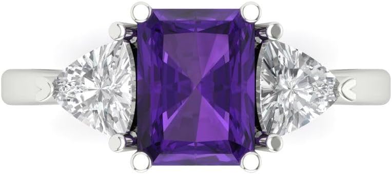 Clara Pucci Natural Amethyst Emerald Cut Three-Stone Ring | 14K Solid Gold | 2.82 cttw | Womens White Gold Fashion Jewelry
