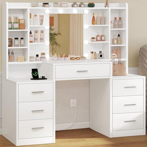 Image of FIONESO 47.2 inch Large Vanity Desk with LED Lighted Mirror & Power Outlet, Makeup Vanity Desk with 7 Drawers and Lots Open Shelves, White Vanity for Girls, for Bedroom
