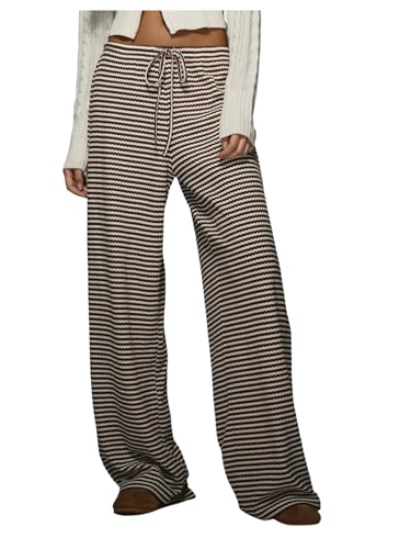 Women's Striped Wide Leg Pants Knot Front Elastic Waist Baggy Track Pants