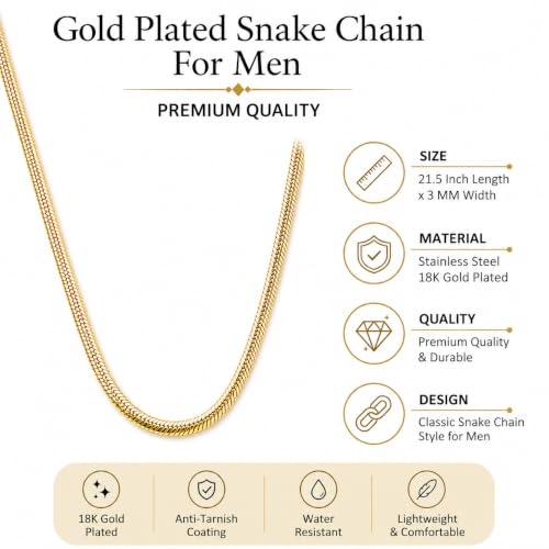 Image of Men's Gold Snake Chain Necklace - Flat Snake Link Chain for Men, Stainless Steel Gold Plated Jewelry, Smooth Flexible Design, Premium Fashion Chain