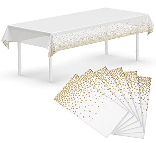 Neatiffy 54 x 108 Inch Rectangle Plastic Table Cloth Picnic/Camping/Birthday Party/Banquet Table Cover. Disposable/Reusable Tablecloths (White with Golden Dot, 6)