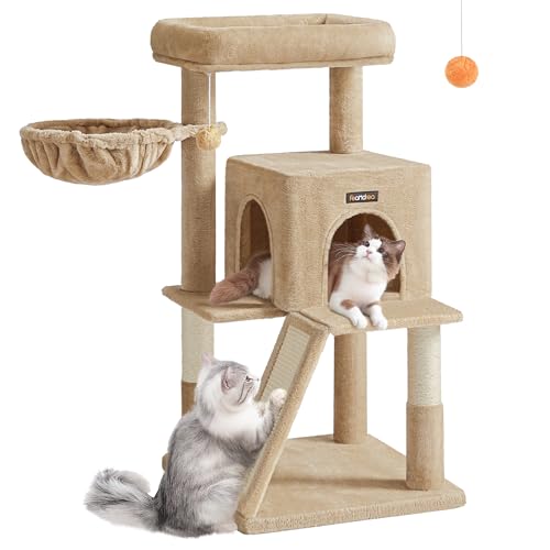 Feandrea Albero per Gatti, Tiragraffi per Gatti, Pali e Rampa Graffiatoio in Sisal Naturale, 2 Pompon Sospesi, Grotta, Cesto, Trespolo di Peluche, Marrone Cammello PCT051K03