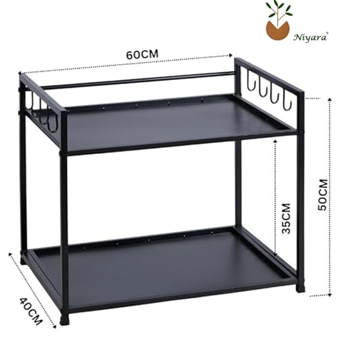Image of Niyara Multipurpose 2-Tier Microwave Oven Stand Rack | Heavy Duty Metal Kitchen Storage Shelf Organizer with Side Hooks for Utensils, Jars & Appliances (Black)