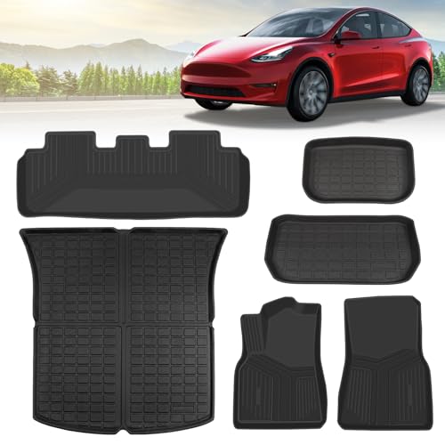 GOQELK Lot de 6 tapis de sol toutes saisons en TPE pour Tesla Model Y 2021-2024 - 100 % TPE - Sans odeur - Imperméable et antidérapant - Équipement complet - 6 pièces - Tapis de sol et coffre