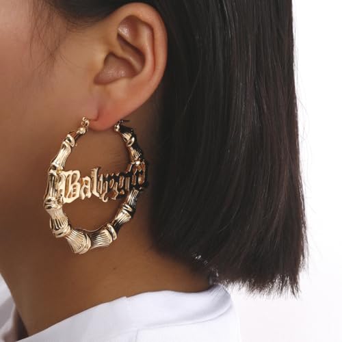 Hip Hop Gold Bamboo Hoop Earrings for Women Stainless Steel Old English Font Letter Pendant Necklace 80s/90s Costume Accessory Party Jewelry Set2