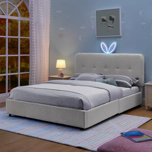 Image of Queen Led Bed Frame with 4 Storage Drawer, Upholstered Platform Floor Bed with Rabbit Ear Headboard Daybed Strong Wooden Slats No Box Spring Needed for Kids Girls Boys, Beige