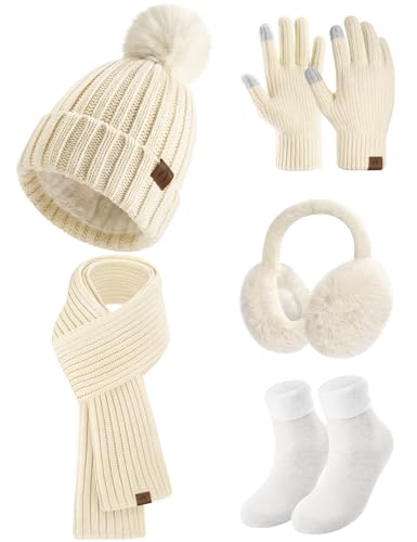 heekpek - heekpek 5 en 1 Tricotés Ensemble Femme Hiver Bonnet Echarpe Gants d'écran Tactile Doublure Doux Tricoté Chaud Cache Oreilles Chaussettes Thermiques pour l'hiver Ski Sports, Beige, Taille unique - -10%
