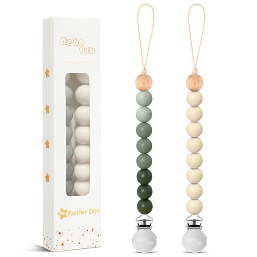 Image of 2 Pack Pacifier Clips, Silicone, Olive /Cream | For Baby Boys and Girls, Pacifier Holder, Paci Clips, Binky Clips