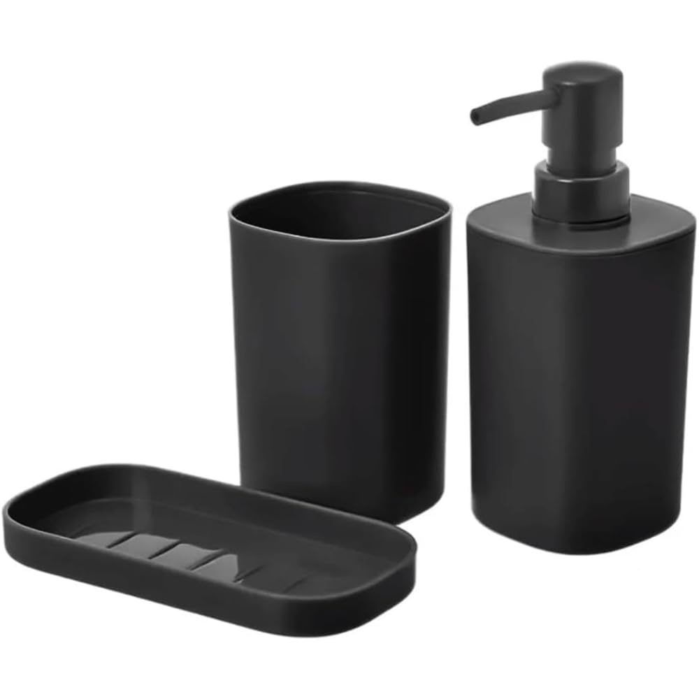 Envenzo Bathroom Set Accessories 3Pcs Soap dispenser Toothbrush Holder Cup Soap dish, Set of 3 Bathroom Accessories, Bathroom Decoration in PP, Modern and Practical Design (Black)