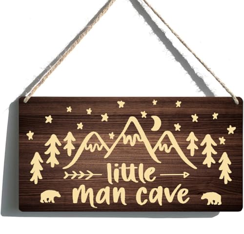 Little Man Cave Sign - Woodland Nursery Wall Decor for Baby Boys, Rustic Bear Forest Animal Nursery Decor, Wooden Wall Art for Boys Bedroom, Baby Boy Room Decor Farmhouse Wood Sign 6x12 Inch
