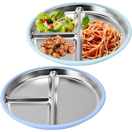WEFHEF 2 Pcs Assiette Ventouse en Acier INOX, Assiette avec 3 Compartiments 23 cm, Assiette INOX avec Rebord en Silicone, Assiette Incassable Anti-Chute, pour Alimentaires Légumes Fruits Pâtes