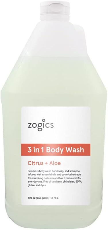 Zogics Sabonete Líquido 3 em 1 Citrus e Aloe para Corpo, Cabelos e Mãos, 3,78 L