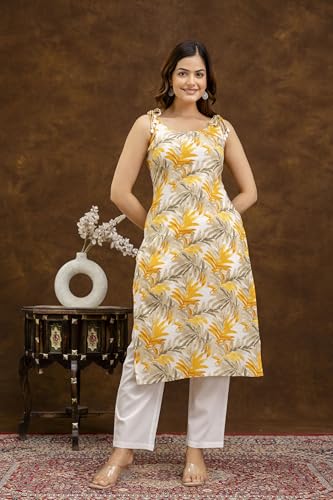 Image of Women Floral Printed Sleeveless Round Neck Pure Cotton Straight Kurti