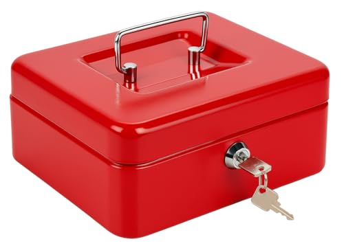 Best House | Metal Cash Money Box with Lock and Key | Cash Box with Slot | 6 Inch | RED | Pack of 1 | 6 Compartments Lockable Portable with Removable Change Tray for Home Office and Events