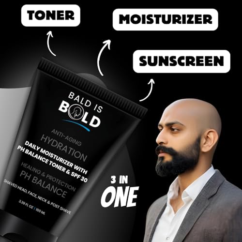 Image of BALD IS BOLD Daily Moisturizer with pH Toner & SPF 30 For Bald & Bold Head | Shaved Head & Bald Head Care| Healing & Protective, Hydrating, Non-Greasy, Lightweight Face & Scalp Cream | Reduces Wrinkles, Fine Lines, Dryness, Razor Bumps | Soothing Post-Shave Care for Bald Head | Anti-Aging & Sun Protection | Infused With Hyaluronic Acid, niacinamide, salicylic acid, Vitamin B5, Vitamin B3, Vitamin E, SPF 30, Witch Hazel,Goji Berry Extracts, Honey Extract, Apple Cider Vinegar, Sea Buckthorn, Shea & Cocoa Butter.100ml