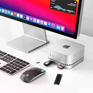 RayCue Mac mini M4 Dock, Aluminum Stand and HDMI Hub for Mac mini M4 and M4 Pro 2024 with M.2 NVMe/SATA SSD Enclosure, 4K60Hz HDMI,10G USB A/C, 5G USB A*2, USB-C Charge, SD/TF, Audio
