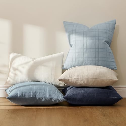Image of MIULEE Decorative Linen Check Throw Pillow Covers Neutral Farmhouse Vintage Pillow Covers 18x18 Set of 2 Boho Modern Home Decor for Sofa Couch Bedroom Cushion Coastal Blue